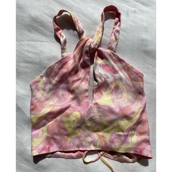 Zara Satin Marbled Keyhole Crop Top XS Pink Yellow Watercolor Tie Back Halter - Picture 2 of 5